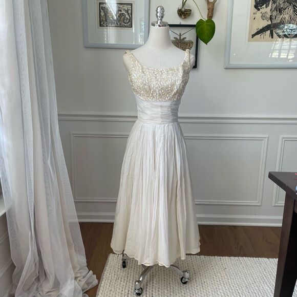 Vintage 50s Emma Domb San Francisco Midi Tea Length Formal Dress Gown Ivory Sequ - Picture 2 of 13